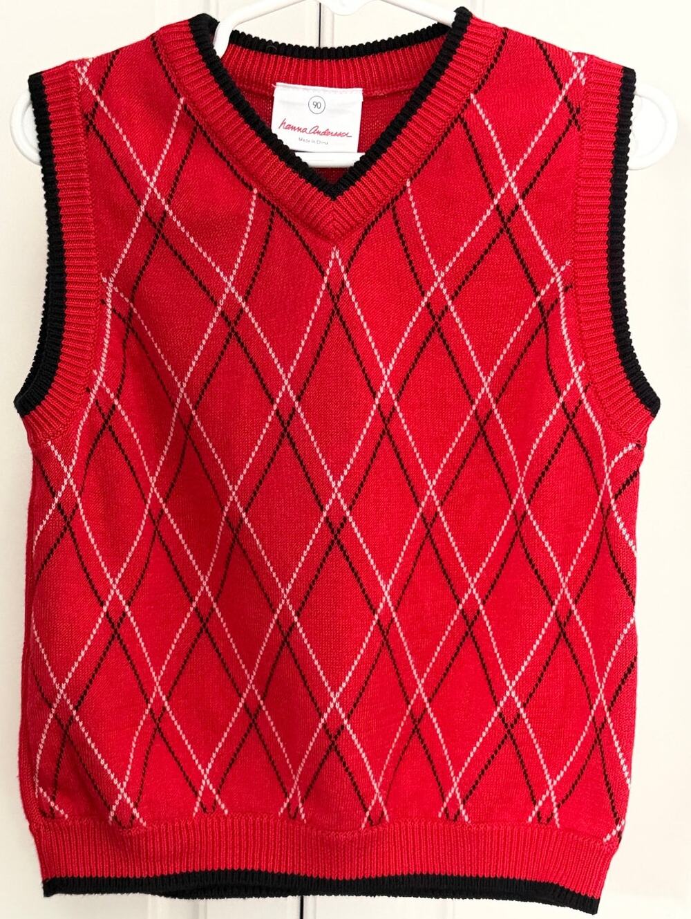 Hanna Andersson Red Argyle V-Neck Sweater Vest Size 90 (US 3)